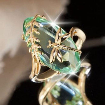 Olive Green Dragonfly Twine Oval Pretty CZ Crystal Ring - The Jewellery Supermarket